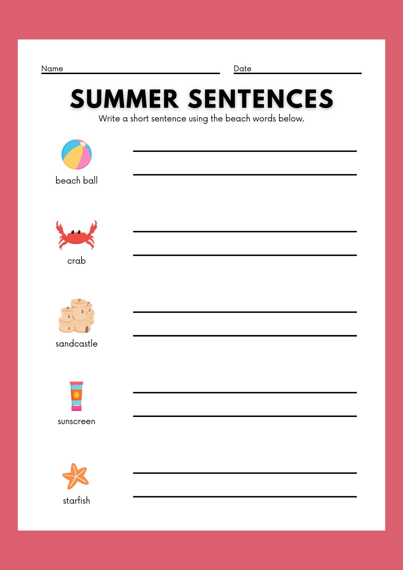 Colorful Illustrated Worksheets for Summer Speech Therapy