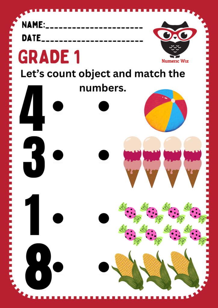 Count Objects & Match the Numbers worksheet for grade 1 - Numericwiz