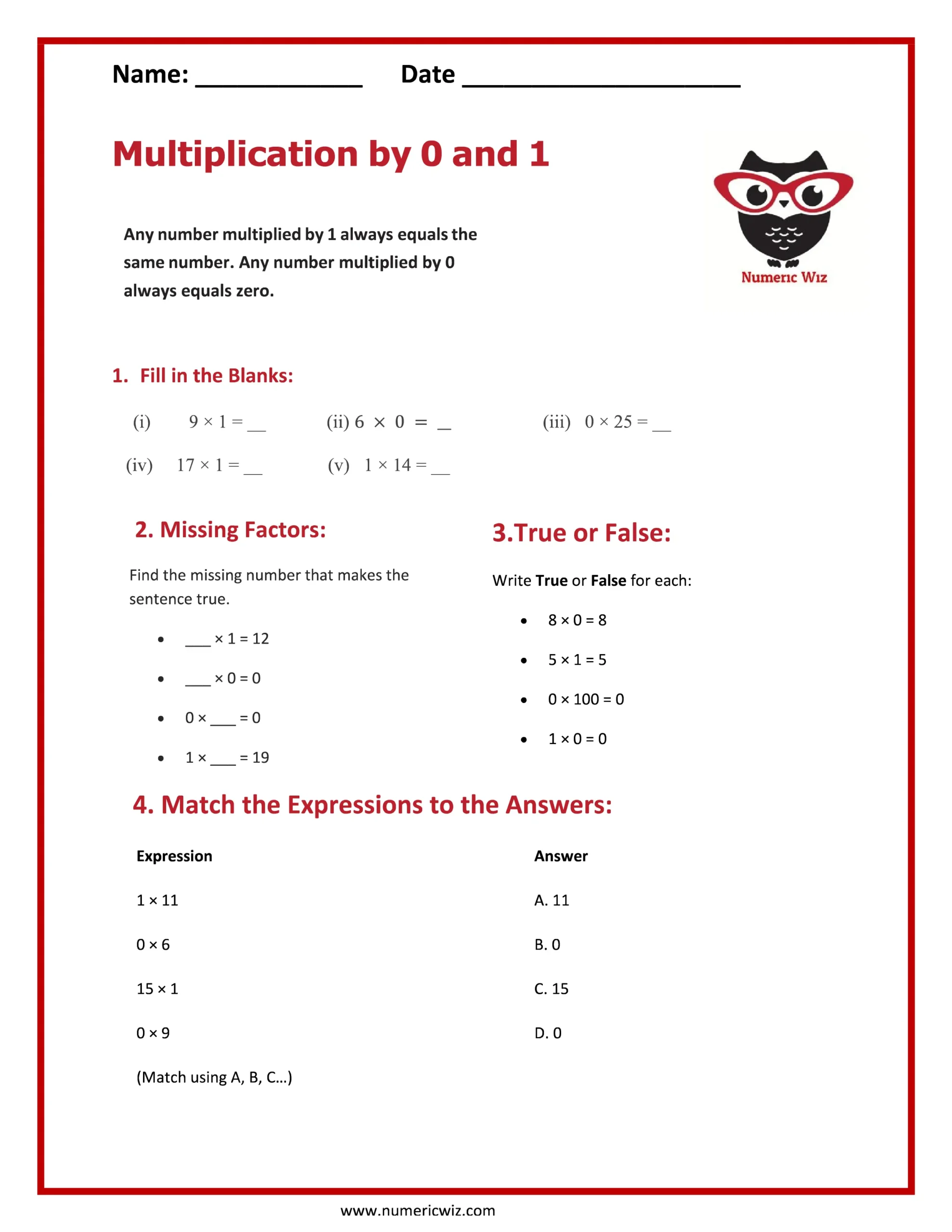 Multiplication by 0 and 1