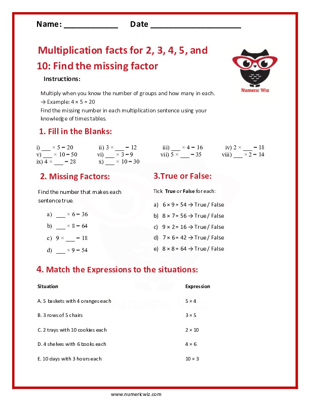 Multiplication facts for 2, 3, 4, 5, and 10