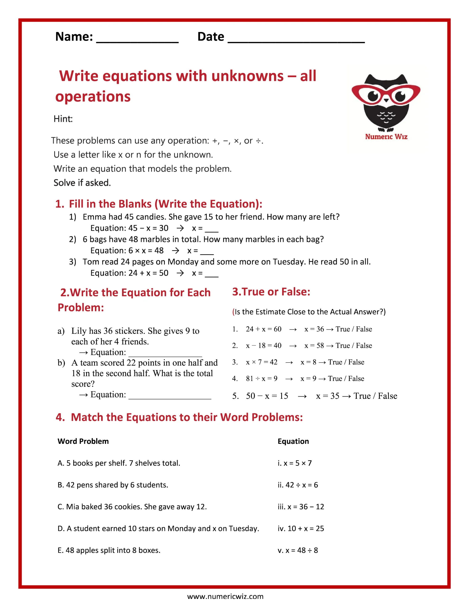 Write equations with unknowns – all operations