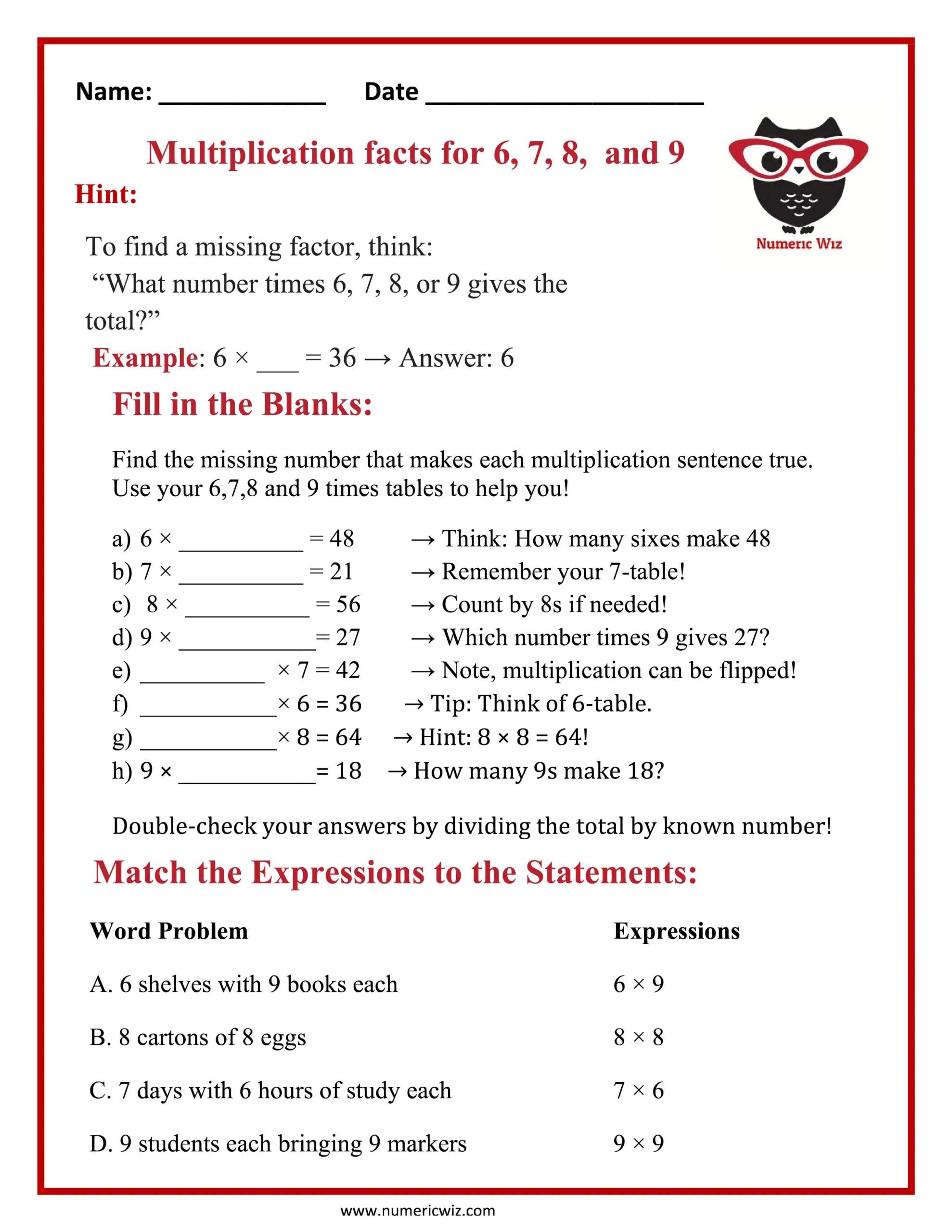 Multiplication Facts for 6, 7, 8 & 9