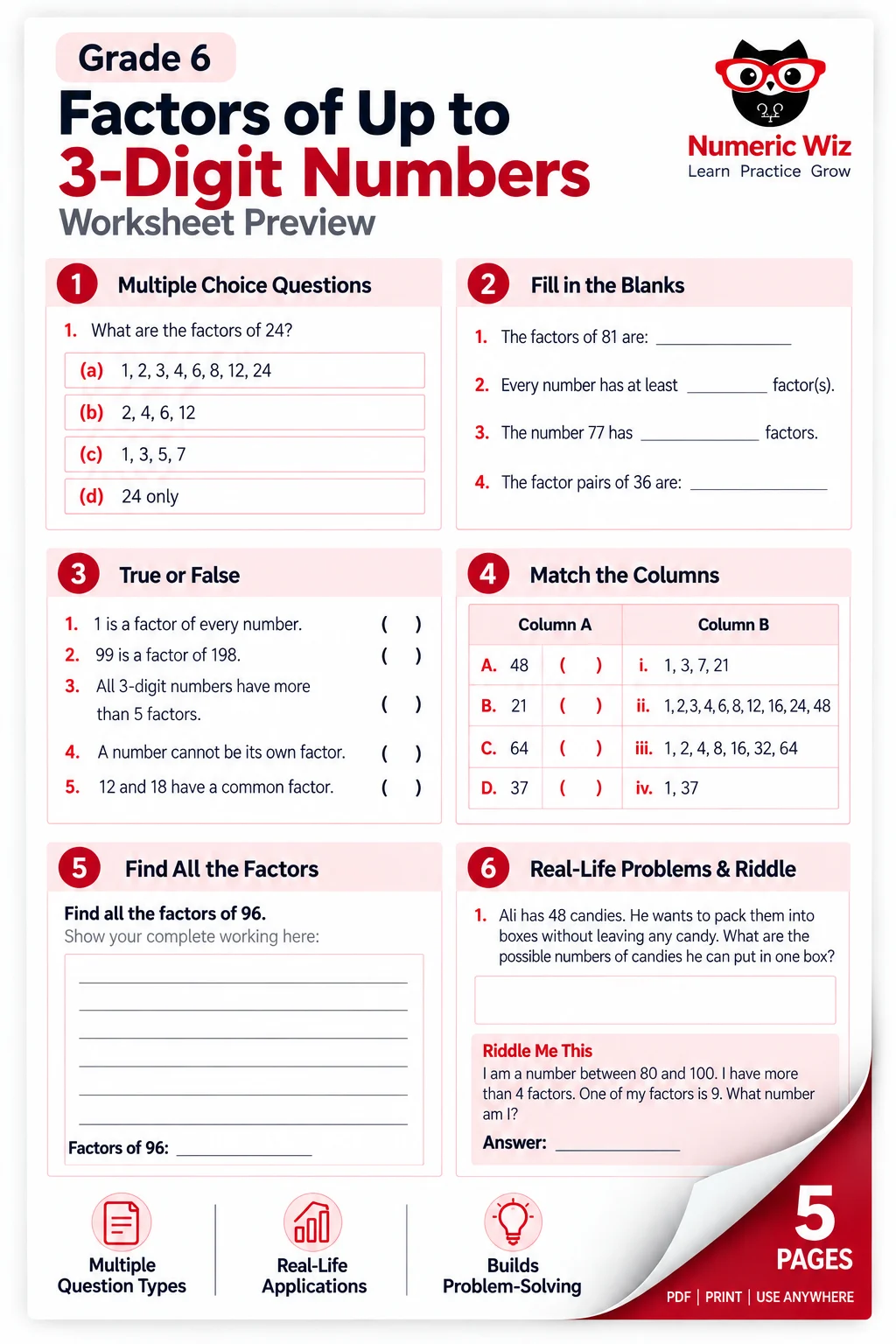 Factors of Up to 3-Digit Numbers Worksheets | Grade 6 Math PDF