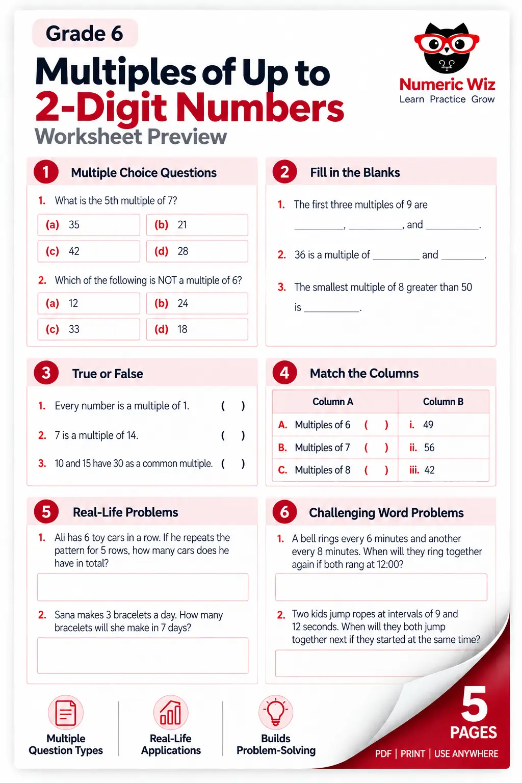 Multiples of Up to 2-Digit Numbers Worksheets | Grade 6 Math PDF