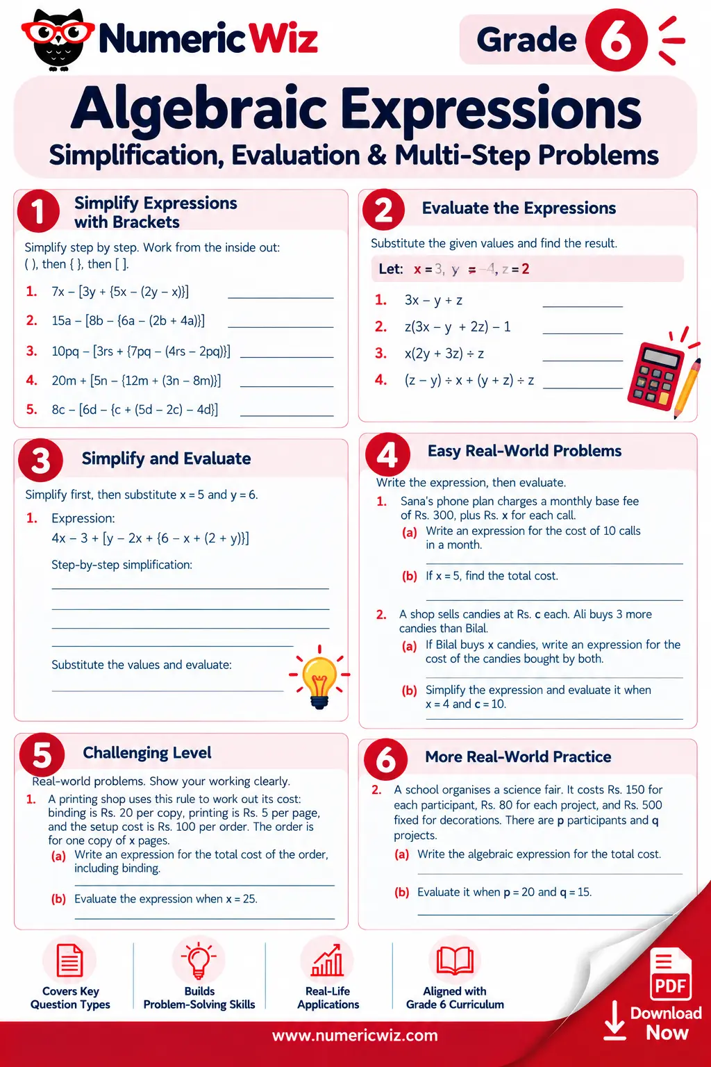 Simplifying and evaluating algebraic expressions worksheet preview for grade 6