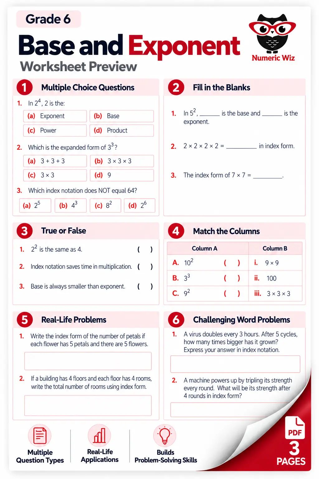 Base and Exponent Worksheets for Grade 6 | Printable Math PDF