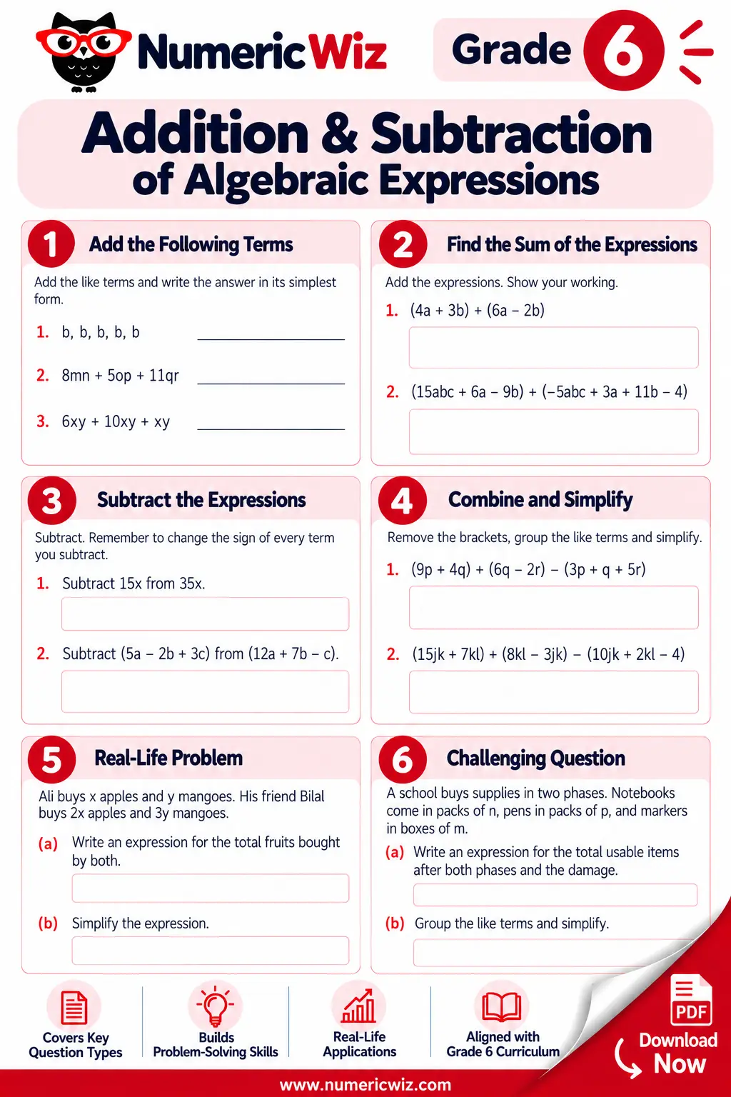 Adding and subtracting algebraic expressions worksheet preview for grade 6
