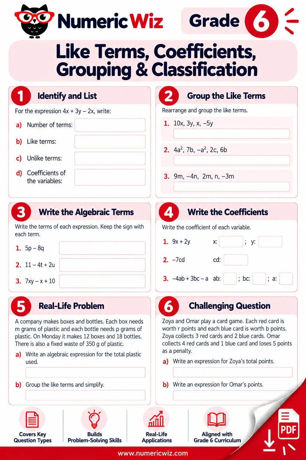 Grouping like terms worksheet preview for grade 6