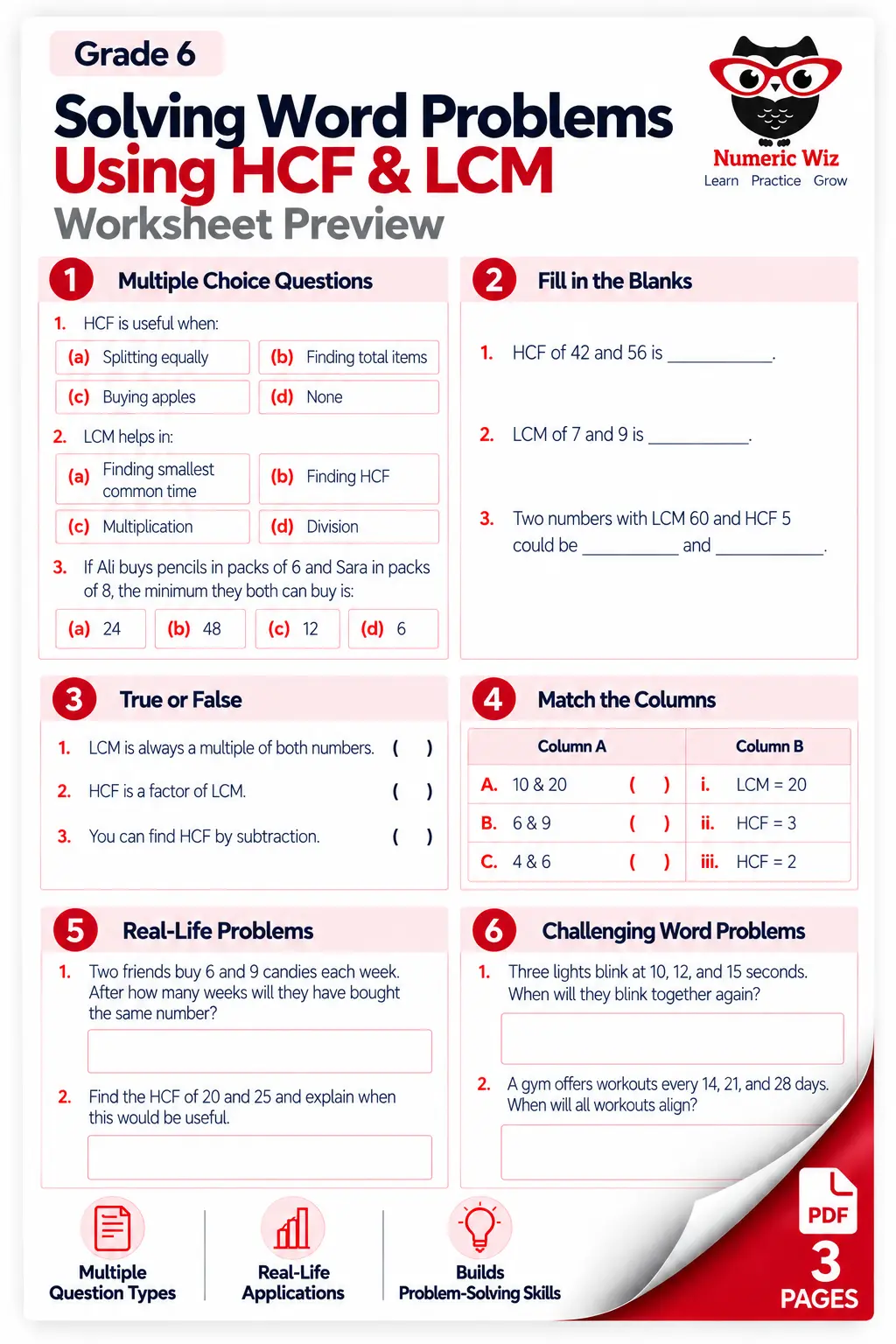 HCF and LCM Word Problems Worksheets | Grade 6 Printable PDF
