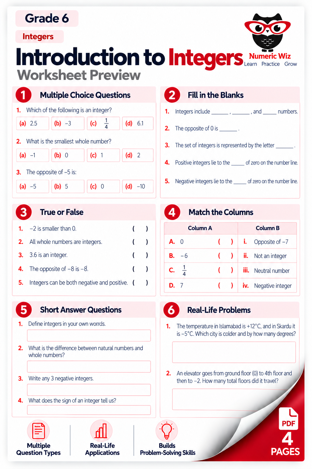 Introduction to Integers worksheet for Grade 6 — preview showing MCQs, fill in the blanks, true or false, matching and real-life integer problems