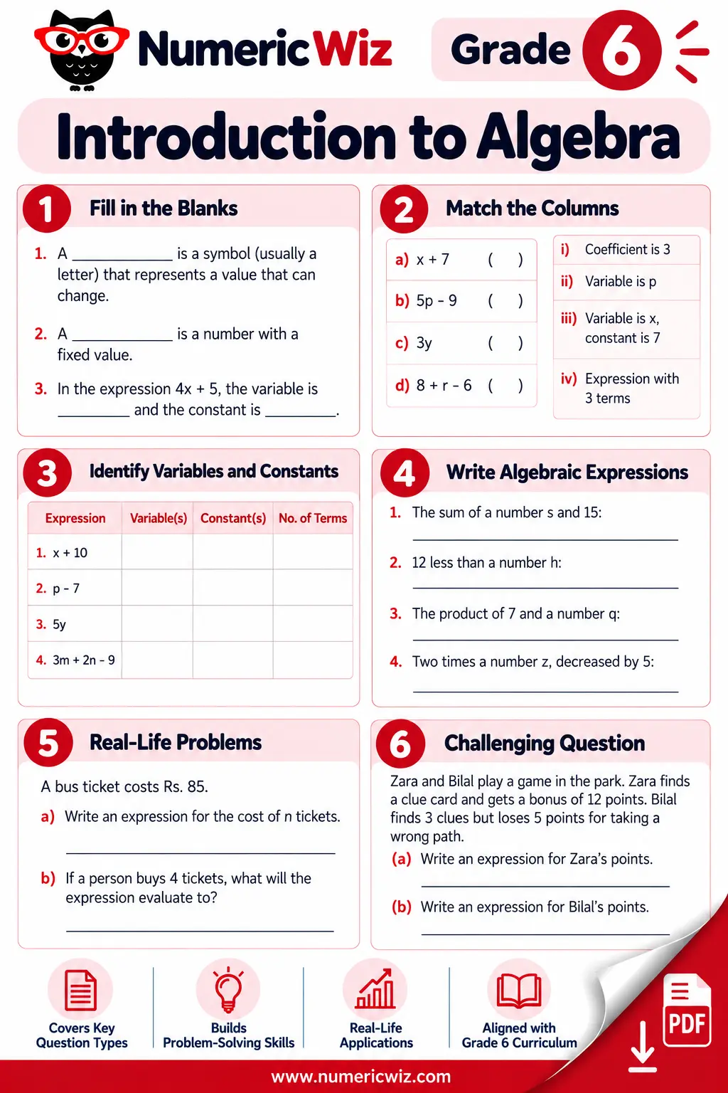 Variables constants and coefficients worksheet preview for grade 6