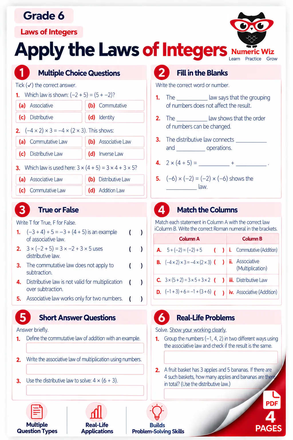 Laws of integers worksheet preview for grade 6