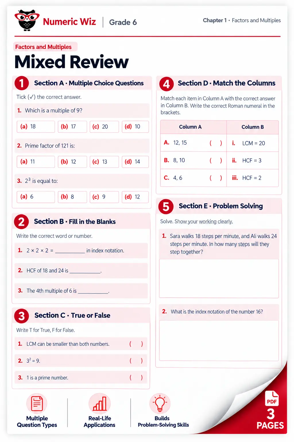 Factors and Multiples Mixed Review Worksheets | Grade 6 PDF