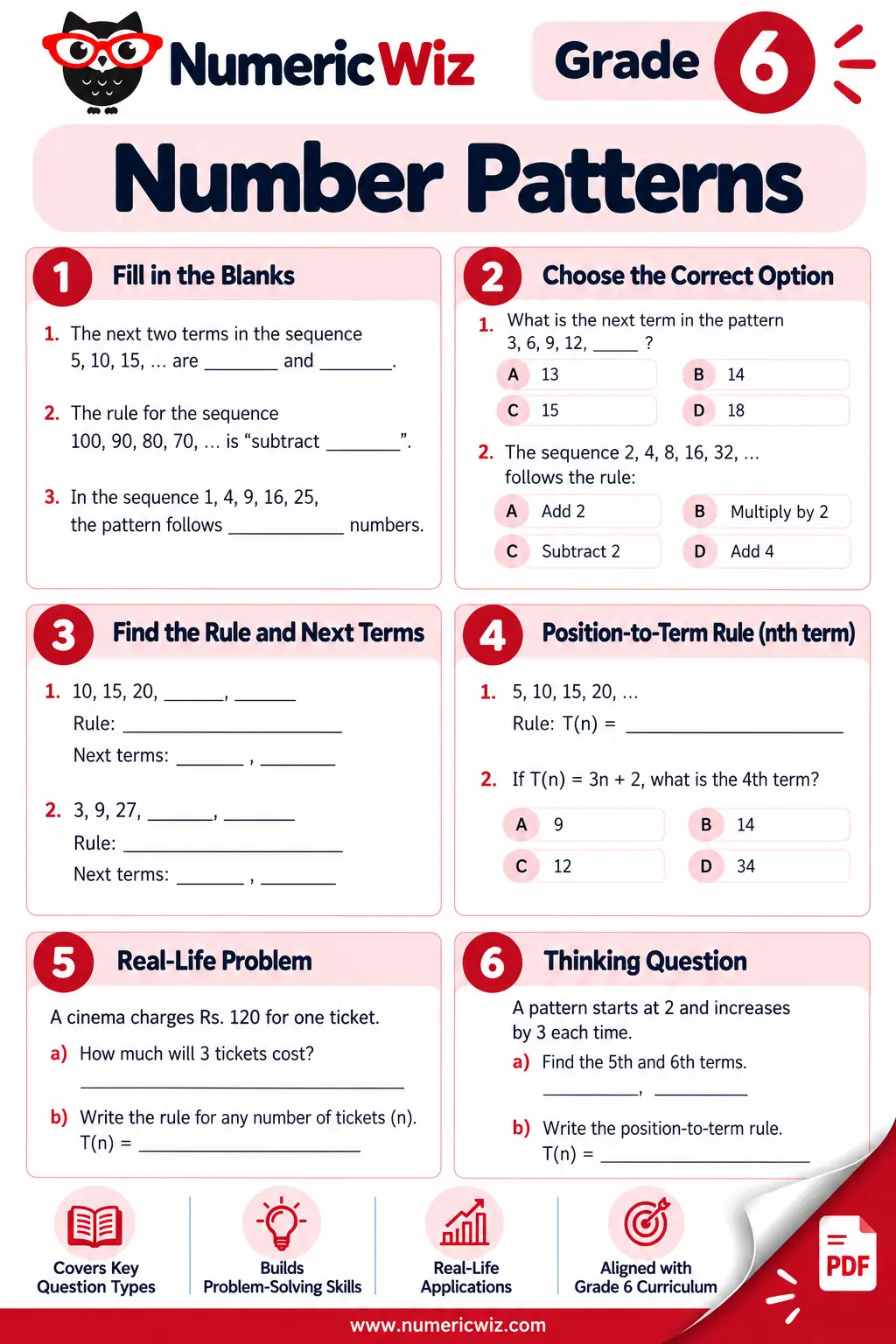 Number patterns worksheet preview for grade 6
