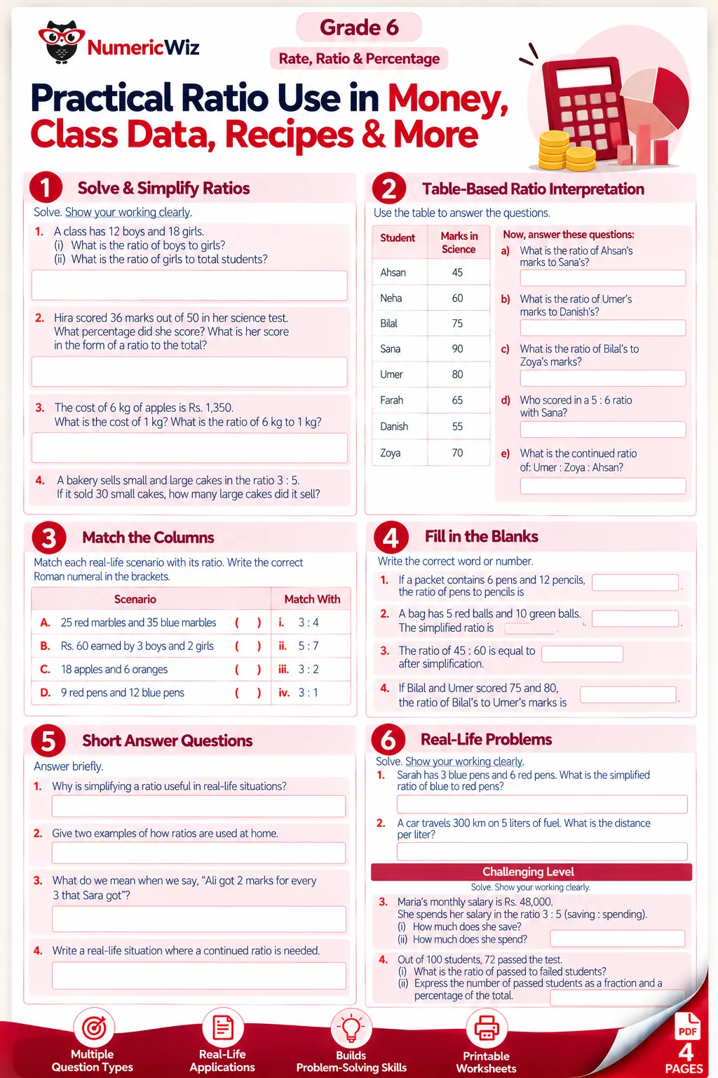 Practical ratio worksheet preview for grade 6