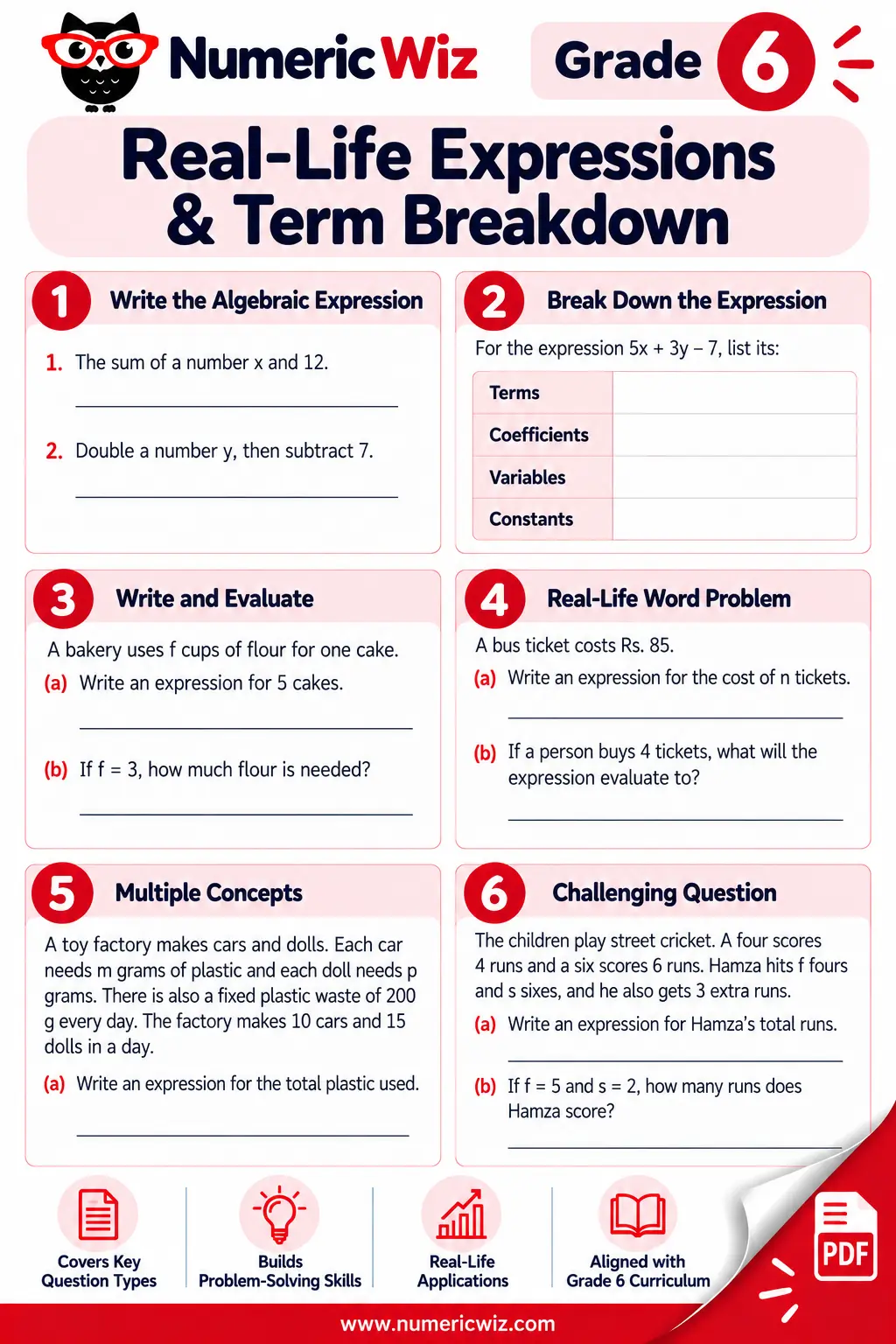 Real-life algebraic expressions worksheet preview for grade 6