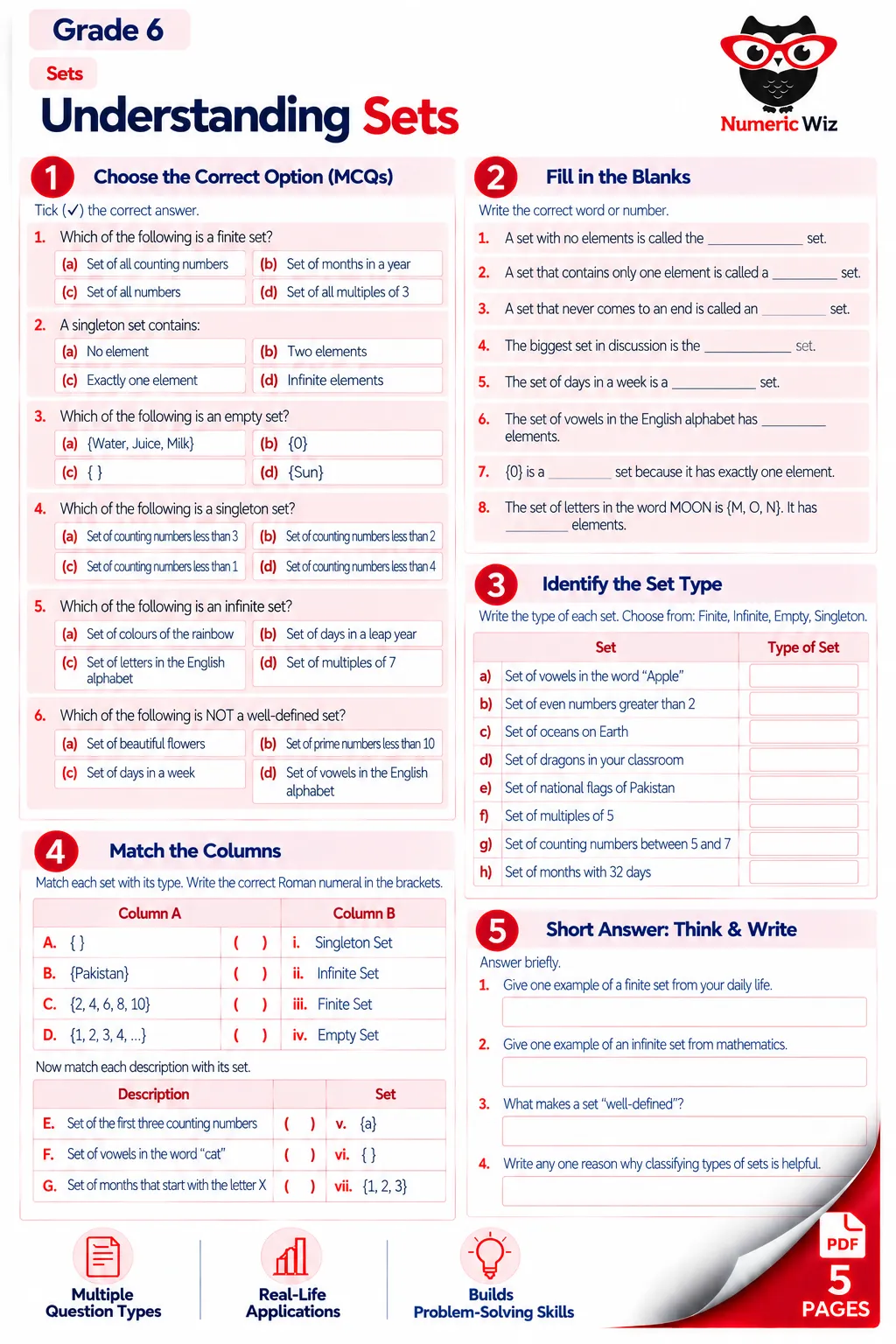 Understanding sets worksheet preview for grade 6