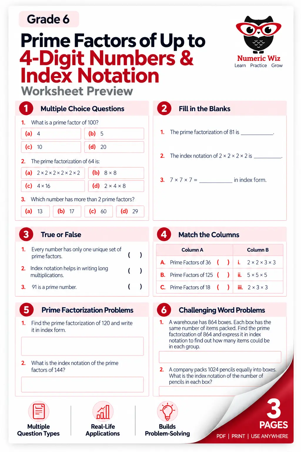 Prime Factorization & Index Notation Worksheets | Grade 6 PDF