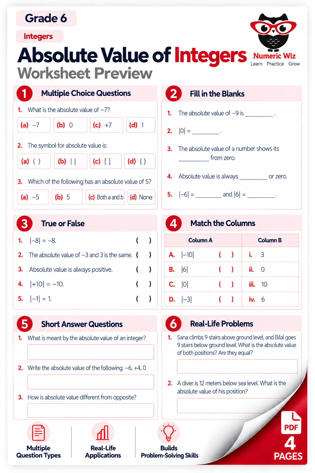 Absolute value worksheet preview for grade 6