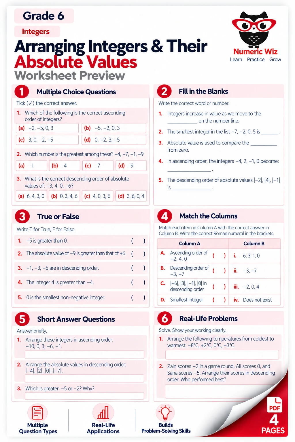 Ordering integers worksheet preview for grade 6